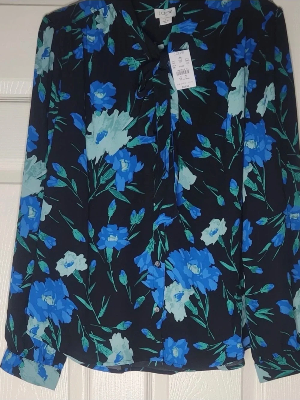 Women's Blue Floral Tie-Neck Blouse